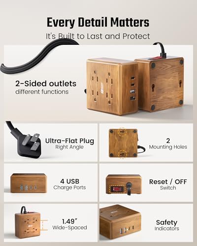 USB Power Strip Surge Protector - SUPERDANNY Desktop Extension Cord with 4 Widely Spaced Outlets & 4 Smart USB Ports, Portable Charging Station for Home, Office, Hotel, Dorm, RV, Faux Walnut Grain