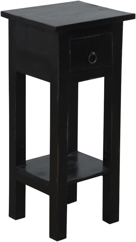 HomeStock Two-Tier Side Table with Drawer - Fully Assembled Narrow End Table Distressed Black