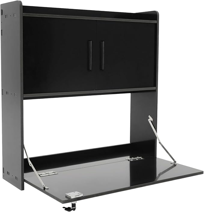 Wall Mounted Desk Cabinet, Foldinng Floating Wall Mount Laptop Desk, Space Saving Wall-Mounted Table with Storage Drawer & Shelves for Home Office School (Black)