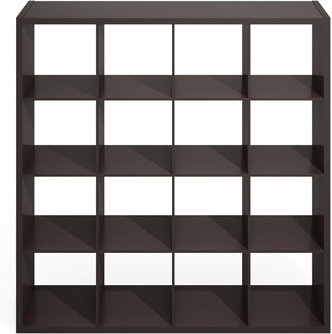 Furinno Simple Cube Storage Organizer, 16-Cube Display Shelf, Open Back Shelving Unit, Storage Shelves, Extra Thick Frame, for Organization and Storage, Living Room, Home Office, Black Dark Oak