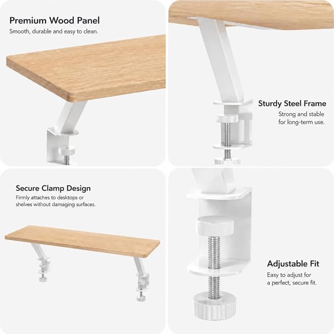 25.98'' x 9.84 ''Desktop Extender Suitable for Ergonomic Computer Monitors and Laptop risers -Floating Desktop Organizer with Clip-on Base (White)