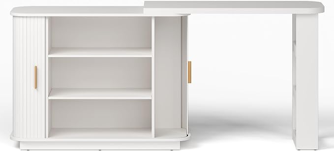 RoyalCraft 68” Extendable Makeup Vanity Desk, Modern L-Shaped Corner Vanity Desk with Silding Door, White Fluted Makeup Table with Curved Desktop and Adjustable Shelf, Wood Dressing Table for Bedroom