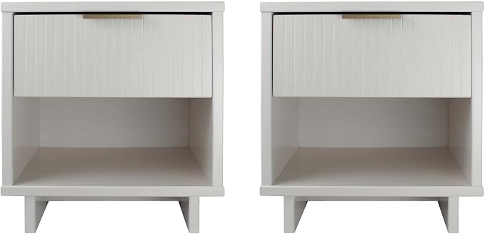 Manhattan Comfort Granville 1-Drawer Nightstand Set of 2, Modern Glam Bedside Table with Ribbed Design and Gold Handles, Ideal for Living Room and Bedroom Use, White