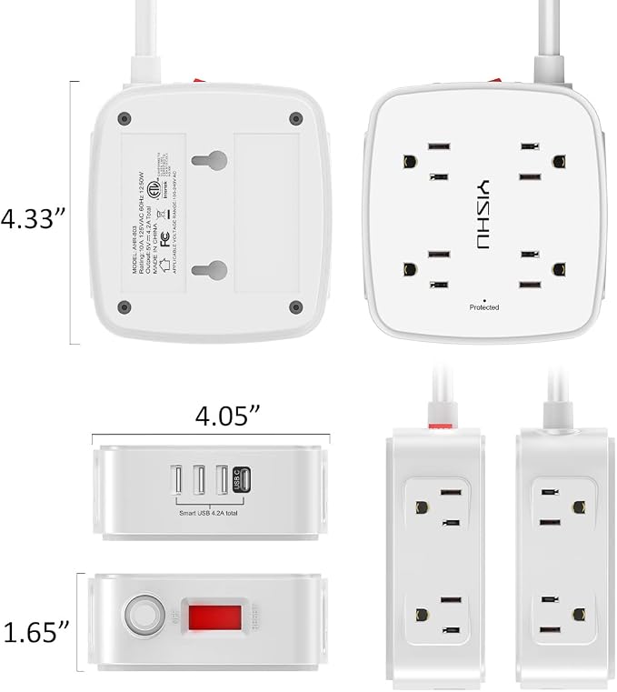 15 Ft Surge Protector Power Strip - 8 Widely Outlets with 4 USB Ports, 3 Side Outlet Extender with 15 Feet Extension Cord, Flat Plug, Wall Mount, Desk USB Charging Station, ETL, White