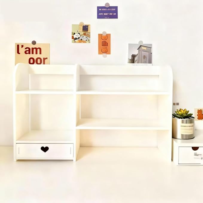White Heart Drawer Bookshelf, Desktop Organizer with Shelves and Heart-Shaped Drawer for Desk, Office, Dorm