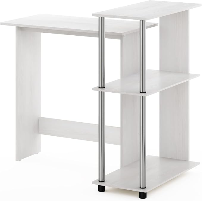 Furinno Abbott Corner Computer Desk with Bookshelf, White Oak/Chrome