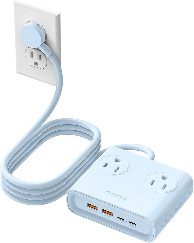 ORICO Power Brick, 25W GaN Power Strip, 8-in-1 Desktop Charging Station with 4 AC Outlets, 2 USB-C, 2 USB-A Ports, 5ft Extension Cord, Ultra Thin Flat Plug for Travel Office ETL Listed-PDC (1 PC)