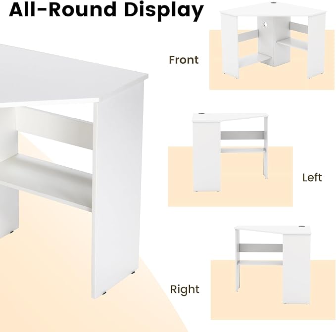 HOMGX Corner Computer Desk, Triangle Desk with Storage Shelves, Small Corner Desk for Small Spaces, Corner Vanity Desk for Home, Bedroom, Living Room, Office (White)