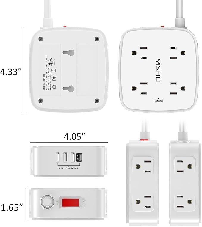 5Ft Surge Protector Power Strip - 8 Widely Outlets with 4 USB Ports, 3 Side Outlet Extender with 5 Feet Extension Cord, Flat Plug, Wall Mount, Desk USB Charging Station, ETL,White