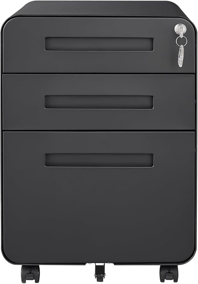 GarveeHome 3 Drawer Mobile File Cabinet with Lock, Under Desk Metal Filing Cabinet for Home Office, Under Desk Storage with 5 Wheels for A4/Letter/Legal Size, Fully Assembled