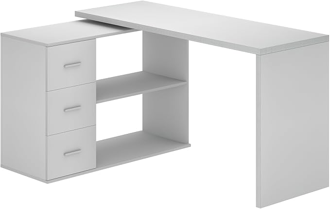 HSH White L-Shaped Computer Desk with 3 Drawers and 2 Shelves, Reversible Home Office Corner Desk for Writing Study Work Executive, 55 Inch Bedroom Wood Table Workstation Desk with Storage Cabinet