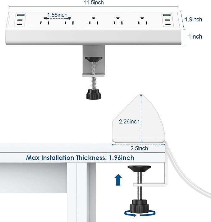 Jgstkcity Desk Clamp Power Strip USB C,40W Total Fast Charging Station,4 PD 20W USB C Ports,Desk Edge Mount Surge Protector,5 Outlets,Fit 1.96" Tabletop Edge,ETL Listed,White (Pack of 2)
