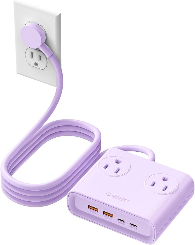 ORICO Power Brick, 25W GaN Power Strip, 8 in 1 Extension Cord with 4 AC Outlets and 2 USB-A and 2 USB-C Ports, 5ft Flat Plug Purple Outlet Extender for Home/Dorm/Travel ETL Listed-PDC (1 PC)