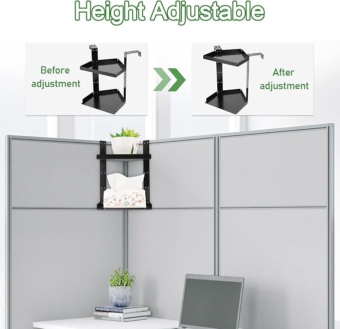Office Cubicle Shelf, Cubicle Storage, Shelf Organizer Accessories, Height Adjustable Hanging Corner Shelf with Adjustable Hooks (Black, Double Layer)