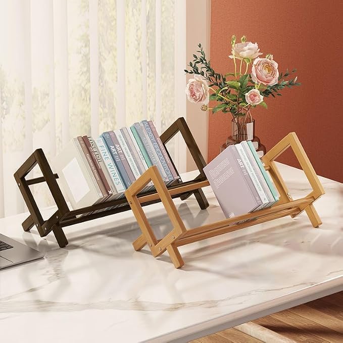 Wood Tilting Bookcase in Living Room/Home/Office, Desktop Book Shelf Organizer Bookshelves Storage Rack for CDs/Magazine/Books Display (Coffee, 19.68"-L)
