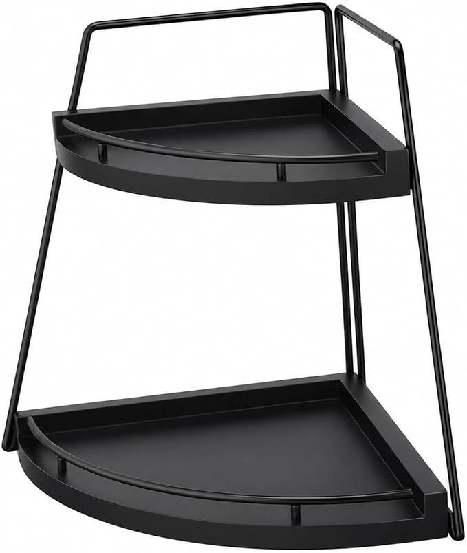 Triangle Corner Desk Organizer, 2 Tier Black Wood Base and Iron Storage Shelf, 9.6 x 9.6 x 12.2 in, Space Saving Corner Shelf for Kitchen Countertop, Bathroom Vanity, Office Rack, Easy Assembly