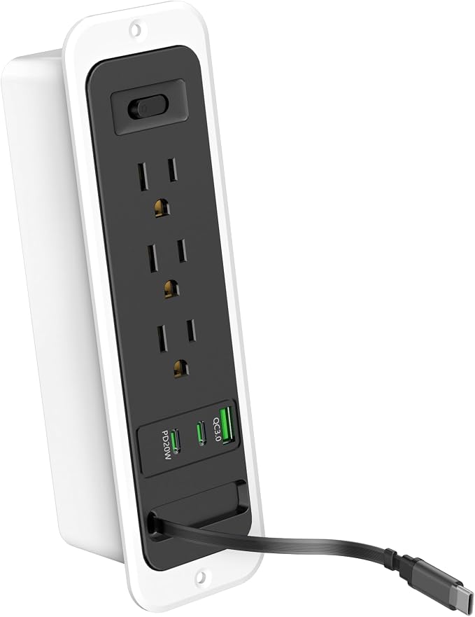 Recessed Power Strip with Retractable USB C Cable,2 PD 20W USB C,Flush Mount Countertop Drawer Outlet, Furniture Hidden Outlet for Side Table,End Table,3 Outlets (Black and White, 6FT-20W)