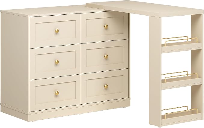 FansaFurn 67" Extendable Makeup Vanity Desk with 3 Side Shelves, L-Shaped Vanity Table and Dresser Combo with 6 Drawers, Modern Dressing Table for Bedroom, Dressing Room, Beige