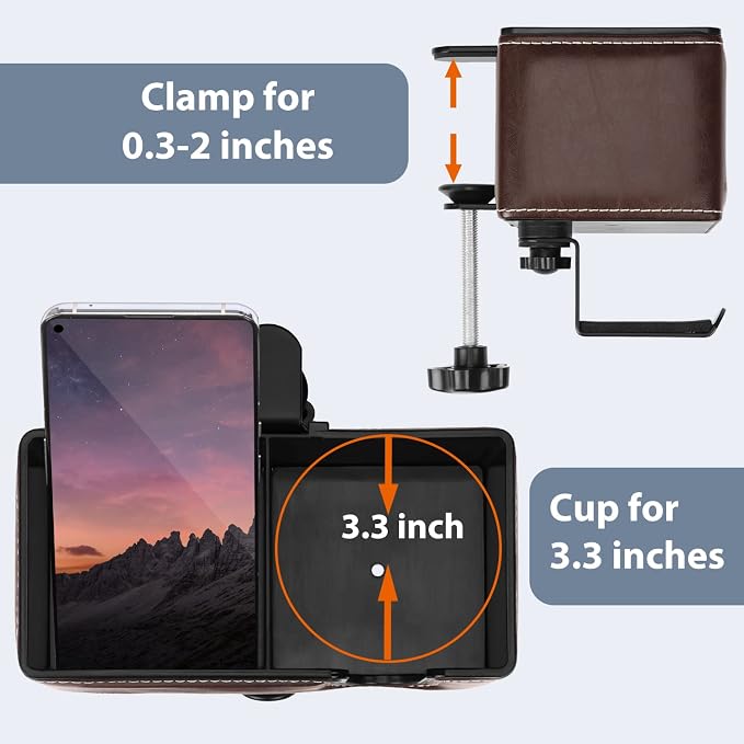 Desk Cup Holder Clip on Pen Holder Headphone Hanger Headset Stand Rotatable Clamp Hook Under Desk (Brown)