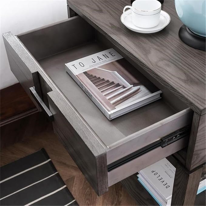 BOWERY HILL Drawer Nightstand, 28 in H x 15.75 in W x 23.75 in D, Solid Wood Construction, Oak Finish, Lower Shelf, USB/AC Charger, Full Extension Drawer Guides, Bedside or Living Room Side Table