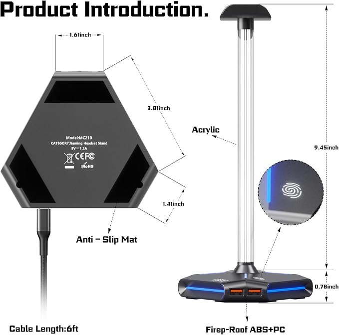 RGB Headphone Stand with 2 USB2.0 Extension Charging Port Extender Cord,Headset Stand Holder for Gamer Desktop Table Game Earphone Accessories,PC Gaming Accessories for Gamer,Gifts for Boyfriend(Grey)