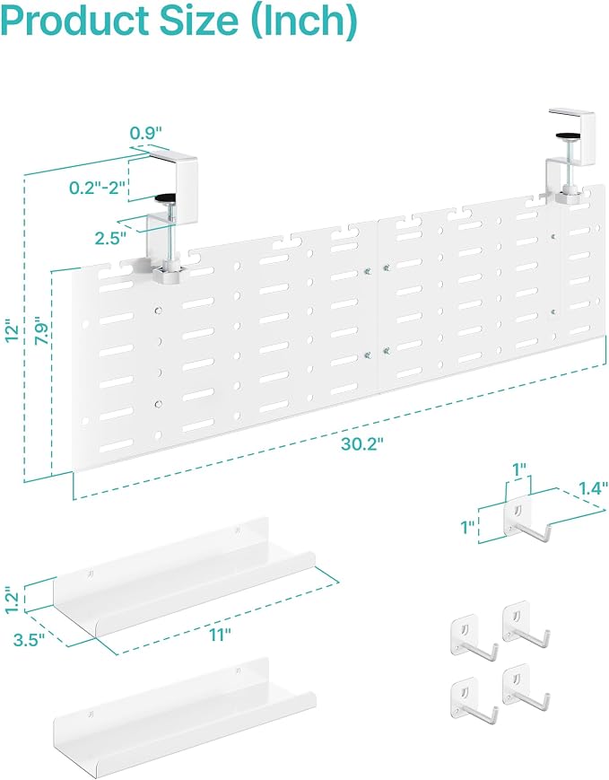 PEGZONE Under Desk Cable Management Tray, 30.2" Vertical Pegboard Organizer for Power Strip & Cords, with Hooks, Trays & Straps, No-Drill C-Clamp for Home Office, White