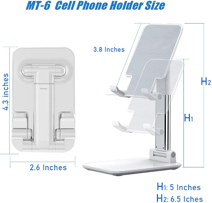 2 Pcs MT-6 Cell Phone Holder, Adjustable Angle and Height, Anti-Slip Silicone Pad, Foldable and Portable, Compatible with 4-8 Inch Devices