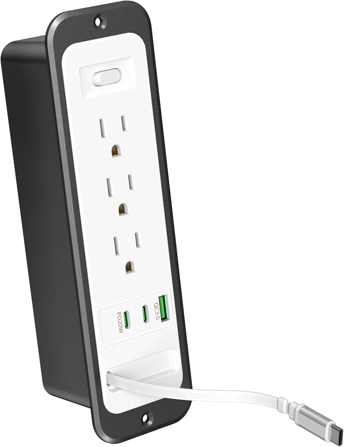 Recessed Power Strip with Retractable USB C Cable,2 PD 20W USB C,Flush Mount Countertop Drawer Outlet, Furniture Hidden Outlet for Side Table,End Table,3 Outlets (White and Black, 6FT-20W)