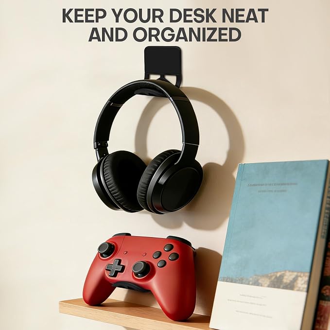 Wall Mount Headphone Stand, 2-in-1 Bendable Silicone Controller Holder, Adhesive Under Desk Hook for Gaming Office & Home, Fits All Headphones for PS5 Xbox Controllers - 1 Pack (Black/White)