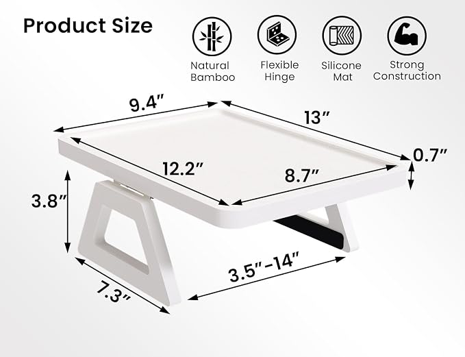 2 Pack Couch Arm Tray,Bamboo Folding Sofa Tray,Sofa Armrest Trays Clip-On Couch Desk for Drinks,Snacks,Phone,Remote Control(White)