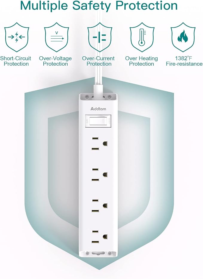 Addtam 2 Pack Power Strip Surge Protector with 12 Outlets, Flat Plug Extension Cord 5FT, Ultra Thin Wall Plug, 3-Side Wide Spaced Outlet Extender, Wall Mount Desk Charging Station for Home Office Dorm