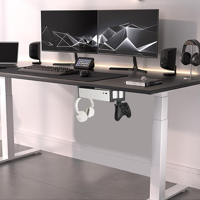 Aluminum Under Desk Mount Compatible with Xbox Series S, Xbox One S/X, Xbox 360, Securing Under Desk Bracket with Detachable Controller & Headphone Holder Kit No Drill (Black)