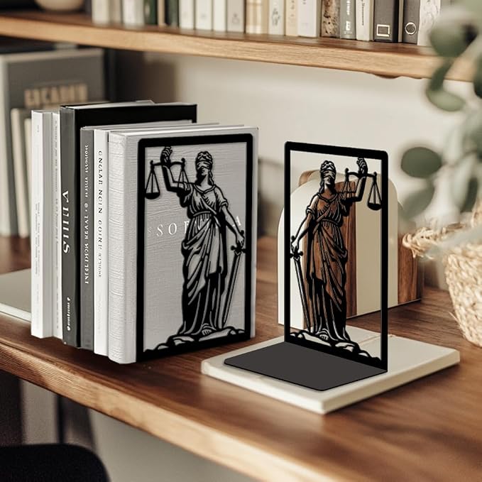 Peacoblue Metal Bookends for Shelves, Modern Decorative Heavy Duty Study Book Ends Stoppers for Office, Desk, Shelf, Room 5.3"x4.3"x7.9" Cast Iron Simple Tall Bookends 1 Pair (Justice Lady Themis)