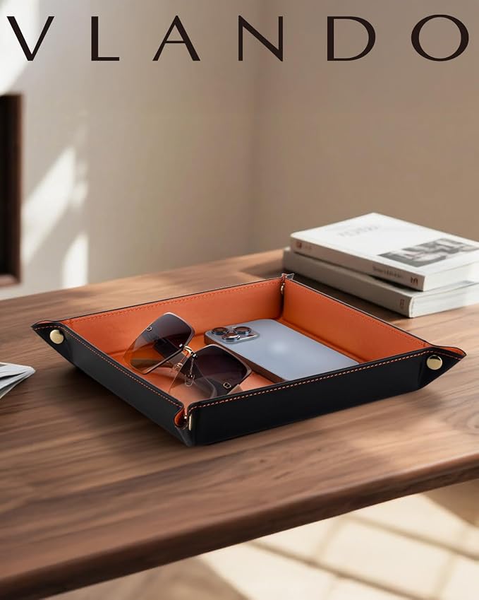 VLANDO Valet Tray for Men Women, Vanity Trays Catchall Tray for Dresser Top Desk Storage Bedside, Travel PU Leather Tray Jewelry Key Phone Coin Change Watches and Candy Holder Sundries Entryway Tray | Bright catchall tray for vanity, dorm room or desk ...