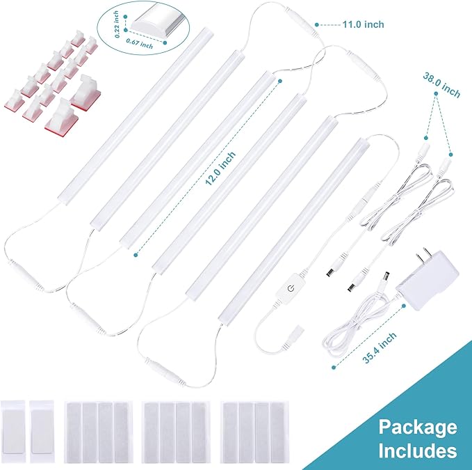 6PCS x 12 inch LED Under Cabinet Lighting 6500K, Dimmable Under Counter Lights for Kitchen, Shelf, Workbench, Cupboard Lighting, Plug-in Under Cabinet Lights with Memory Function, Cold White