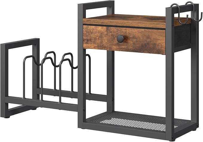 MAHANCRIS Desktop Shelf Organizer, 2-Tier Wooden Desk Bookshelf, Small Tabletop Book Shelf with Drawer and Hooks, Countertop Storage Rack for Home, Office, Dorm, Rustic Brown POHR2201