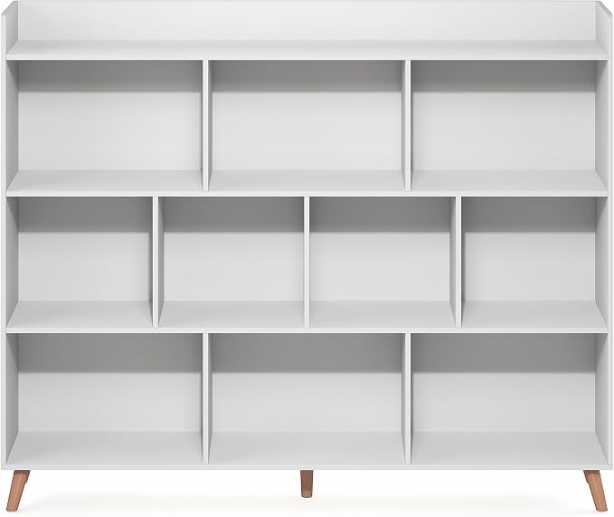 Furinno Claude Book Shelf, 10-Cube Mid Century Style Bookshelf, Bookcase, Storage Organizer with Wood Legs, 9.4" x 55.1" x 45.1", for Living Room, Bedroom, Home Office, White