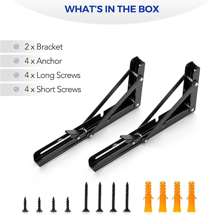 Ravinte 2 Pack 10 Inch Folding Shelf Brackets – Matte Black, Heavy Duty Collapsible Brackets for Tables and Benches – Space-Saving Design