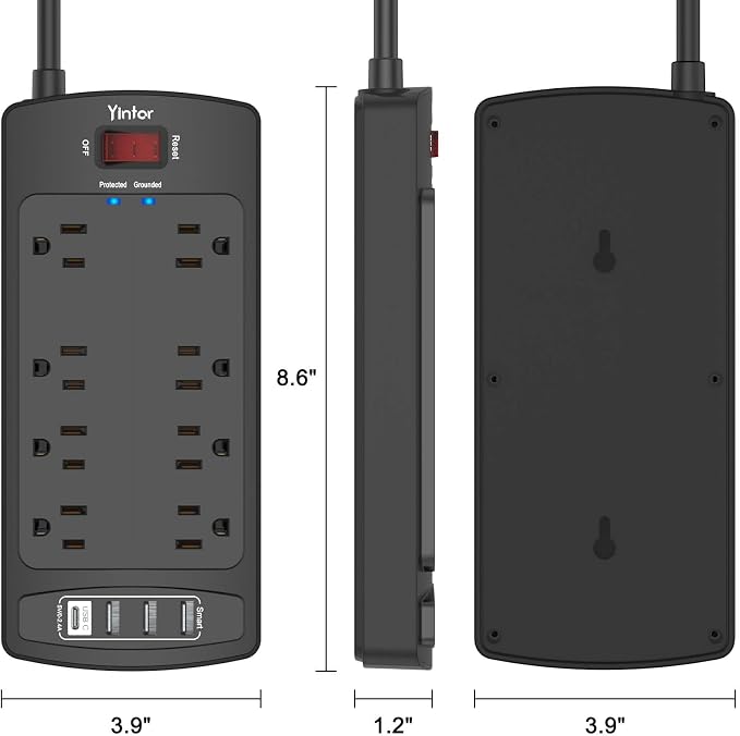 Surge Protector Power Strip, Yintar Flat Plug Extension Cord with 8 AC Outlets and 4 USB Ports, 6 Feet Power Cord, 2700 Joules, ETL Listed, Black