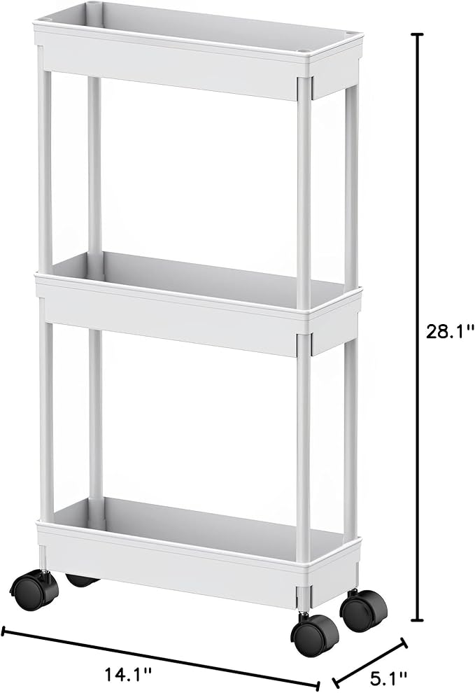 Sooyee 3 Tier Rolling Cart with Wheels, Slim Storage Cart, Under Desk Narrow Rolling Utility Cart Storage Organizer for Office Bathroom Kitchen Laundry Room Narrow Places, White, Plastic and Metal
