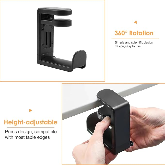 Rotating Headphone Stand, No-Drill 360° Rotating PC Gaming Headset & Controller Holder, Under Desk Hanger with 360 Degree Swivel & Cable Clip Organizer