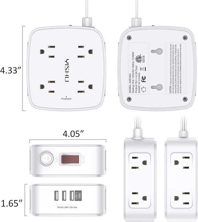 10 Ft Surge Protector Power Strip - YISHU 8 Widely Outlets with 4 USB Ports, 3 Side Outlet Extender with 10 Feet Flat Extension Cord, Ultra Flat Plug, Wall Mount, Desk USB Charging Station, ETL, White