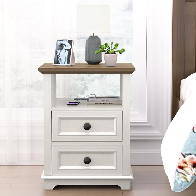 REDAYFUR End Table with Fast USB C Charging Station, 18" Wide Tall Sofa Side Table with 2 Drawers, Large Storage Rustic Wood Square Storage Cabinet for Living Room,Bedroom,Office, White