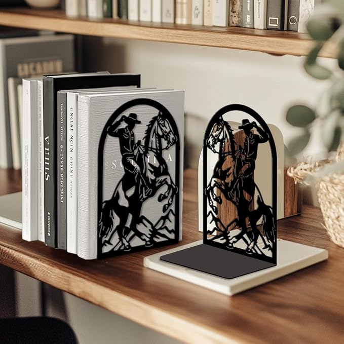 Peacoblue Metal Bookends for Shelves, Modern Decorative Heavy Duty Study Book Ends Stoppers for Office, Desk, Shelf, Room 5.3"x4.3"x7.9" Cast Iron Simple Tall Bookends 1 Pair (Cowboy Horse Riding)
