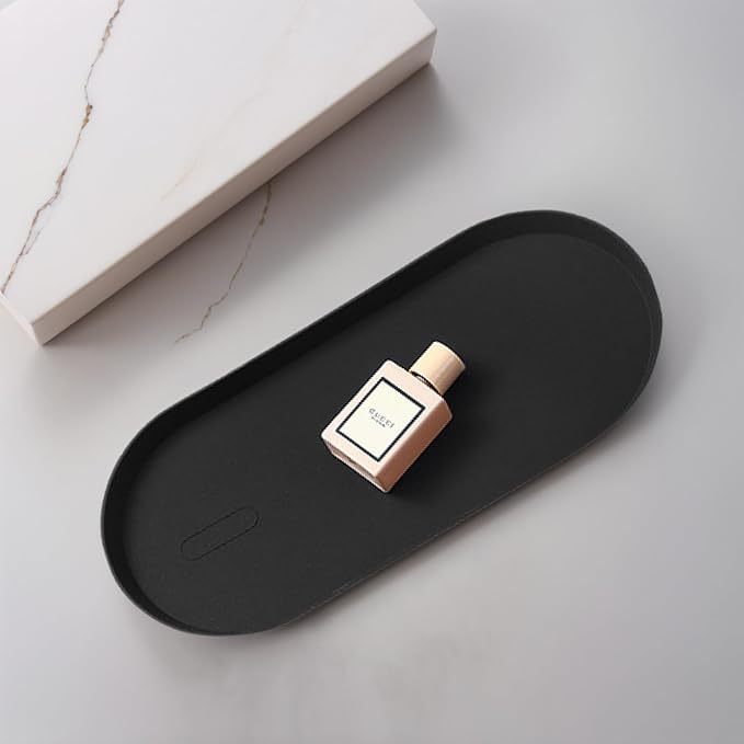 Black Silicone Vanity Tray, 8.66x3.94 Inch Oval Food-Grade Counter Organizer, Dishwasher Safe Scratch-Proof Storage Tray for Jewelry Makeup Bathroom Desk