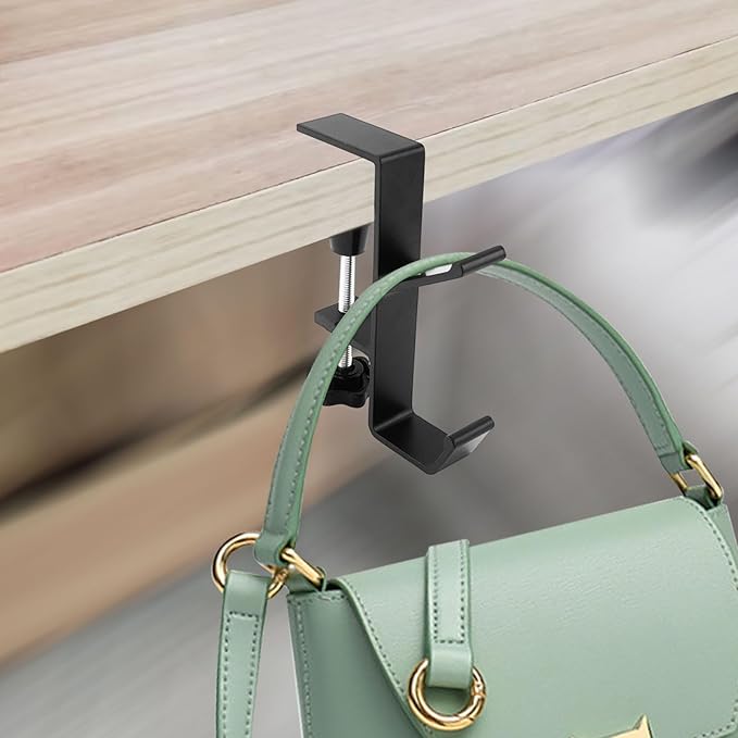 Desk Mount Bag Holder Hook Clamp-On Backpack Hanger Portable Desk Mount Headphones Holder Reduce Desk Clutter for Table Desk, Under Counter (Black, 2Pcs)