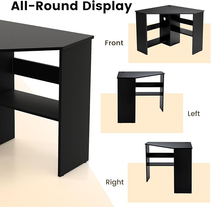 HOMGX Corner Computer Desk, Triangle Desk with Storage Shelves, Small Corner Desk for Small Spaces, Corner Vanity Desk for Home, Bedroom, Living Room, Office (Black)