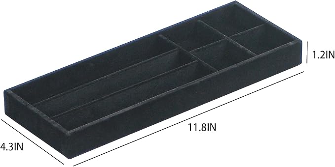 Divided Drawer Organizer Tray, Velvet Jewelry Storage Tray, Necklace Bracelet Ring Earring Display Tray,Bedside Nightstand Desk Holder Tray for Phone Watch Sunglasses Cosmetics Storage/Black/7grid