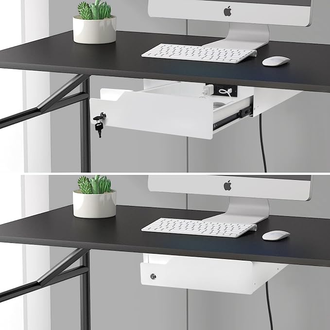 Lumil Under Desk Mounted Drawer Lockable with 3 Prong Extension Cord 10 FT with Multiple Outlets and Foldable Cable Management Arm for Office Desk 15.7" (W) x 15.7" (D) x 4.4" (H), White