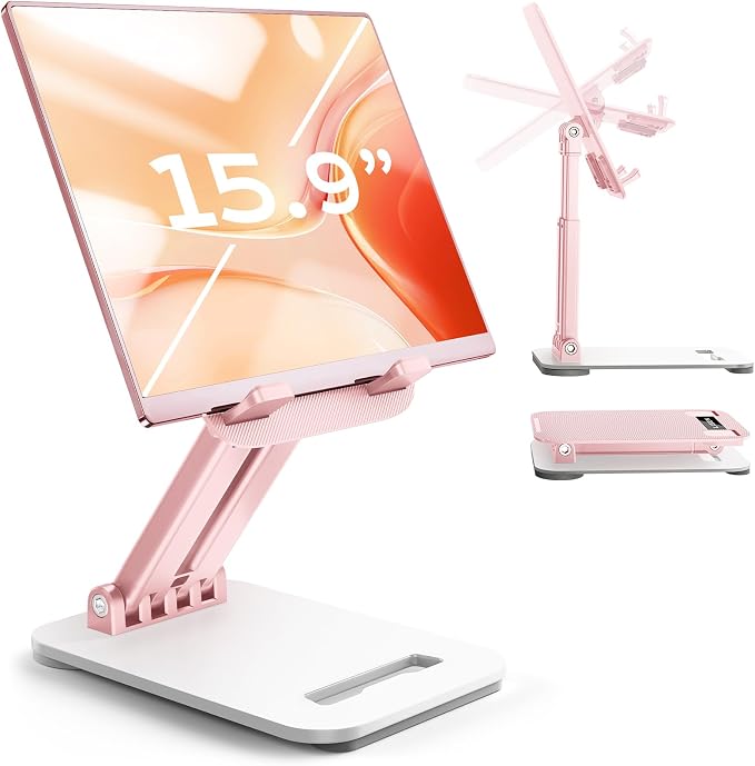 LISEN Tablet Stand for iPad Stand Holder Desk, Foldable eBook Readers Desk Accessories Fits Kindle 4-15.9" Pink